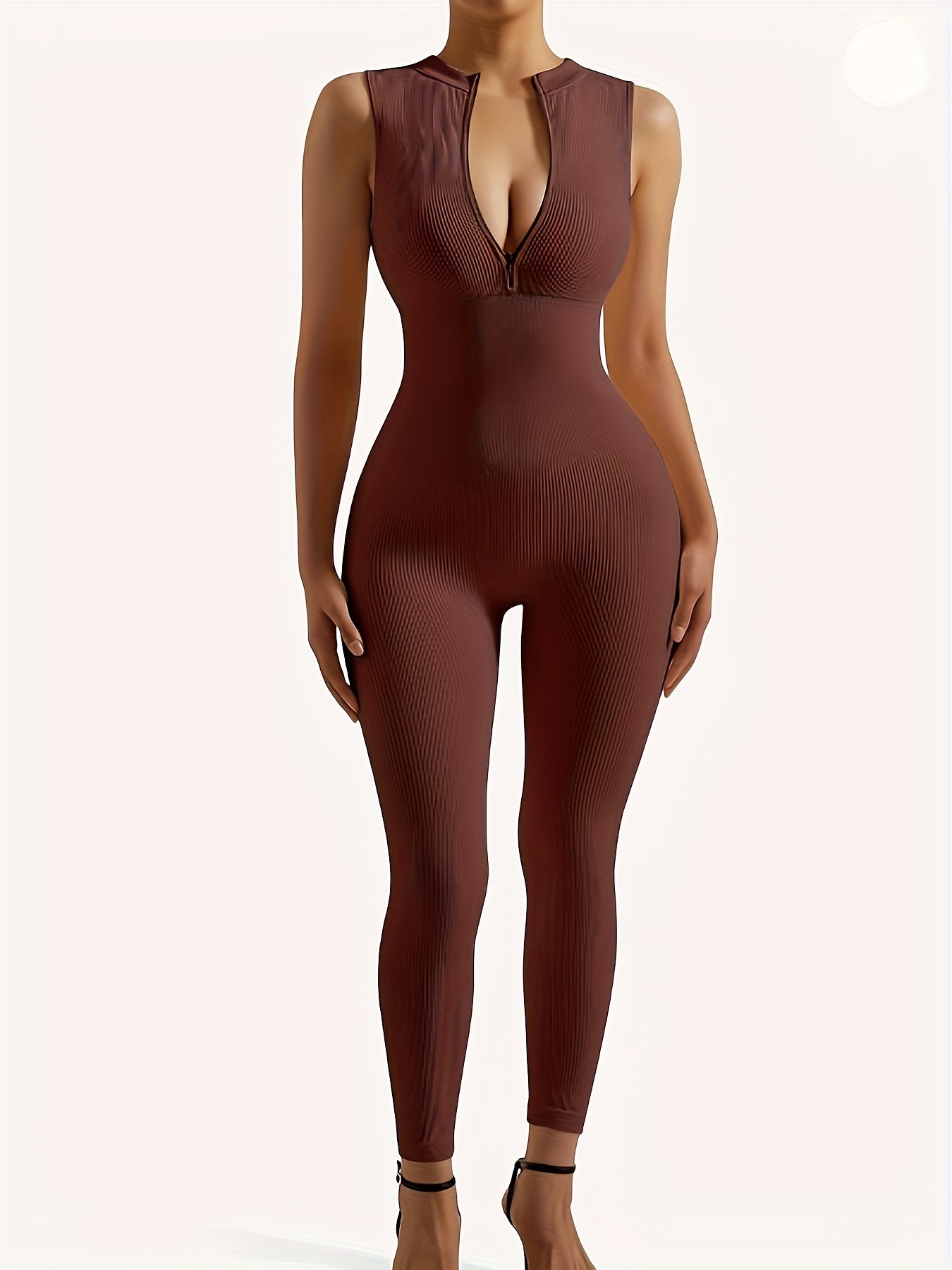 Omkagi Women's Ribbed Crew Neck Zipper Yoga Jumpsuit Slim Fit Nylon Spandex Blend Solid Color Sleeveless Half-Zip Stretchy for Spring Summer Autumn