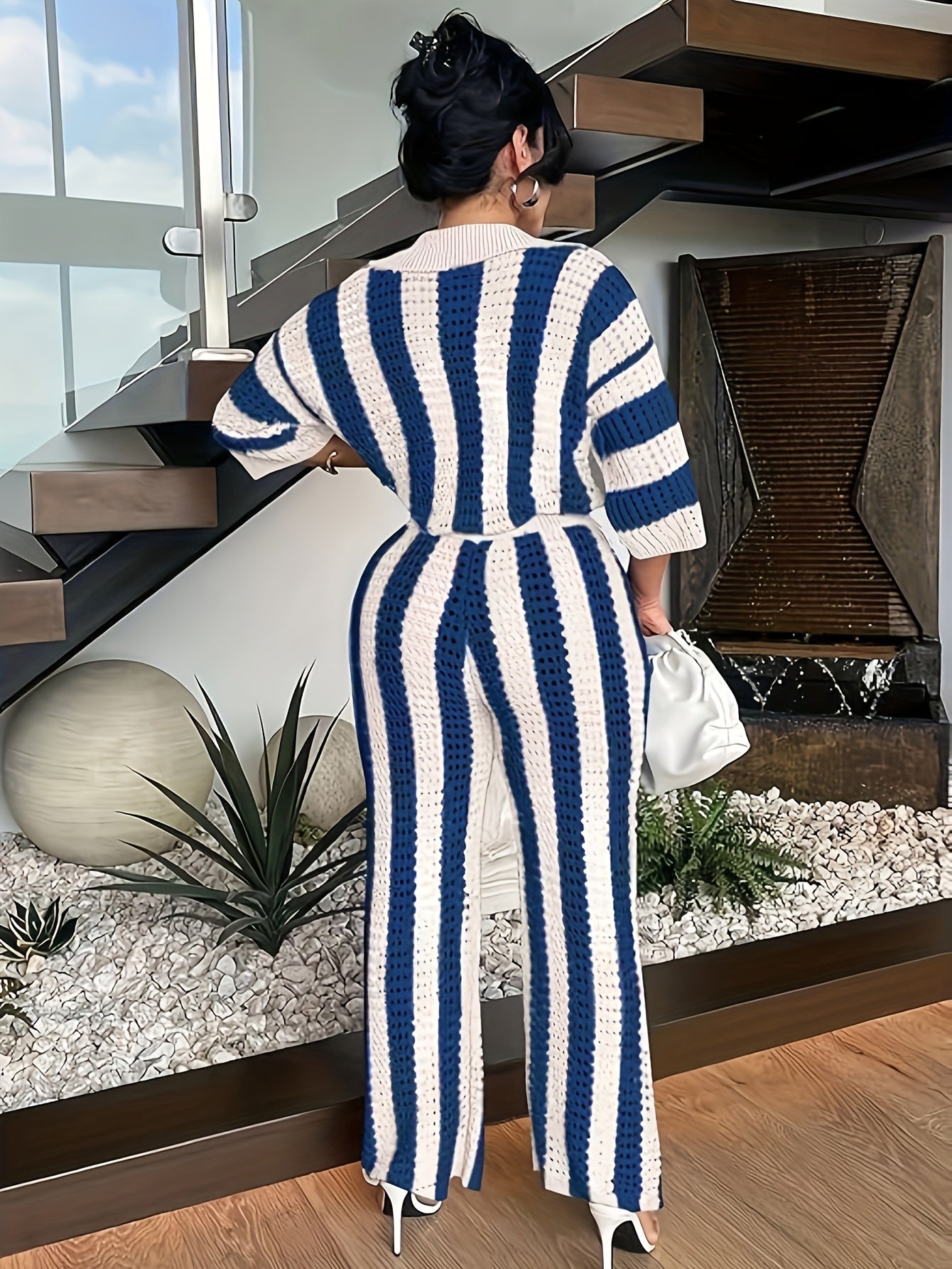 Striped Knit Pantsuit Ensemble - Casual Chic Women's Outfit