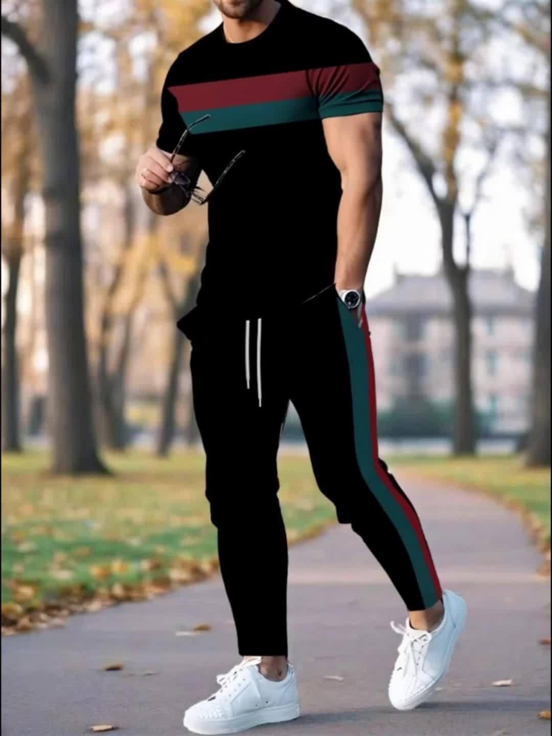Men'S 3D Printed Casual Sports Short Sleeve And Pants Suit