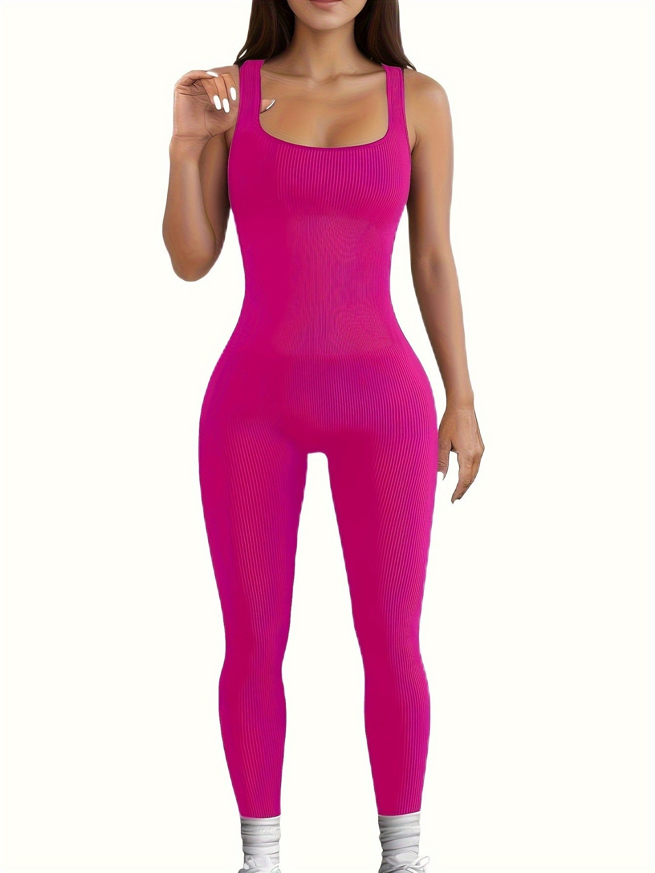 Women's Athletic Jumpsuit Seamless Ribbed Yoga Jumpsuit Tight Tank Bodysuit Sleeveless Workout Jumpsuit