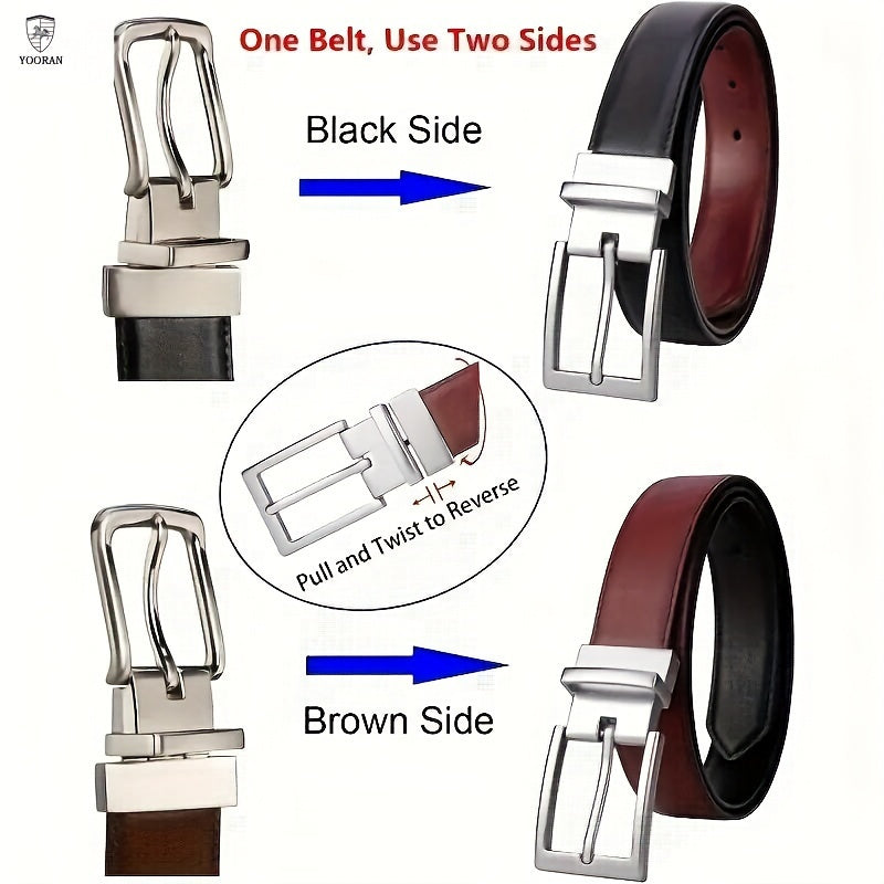 Yooran Men's Double-Sided Leather Belt with Swivel Pin Buckle 138 Inch Dress Belt Two Styles in One Black and Brown Plus Size Friendly Durable Stitching and Metal Construction for Formal and Casual Wear