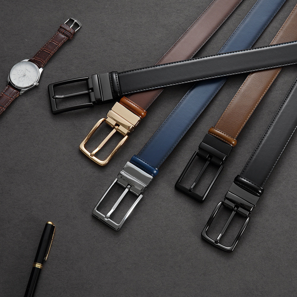 Yooran Men's Double-Sided Leather Belt with Swivel Pin Buckle 138 Inch Dress Belt Two Styles in One Black and Brown Plus Size Friendly Durable Stitching and Metal Construction for Formal and Casual Wear
