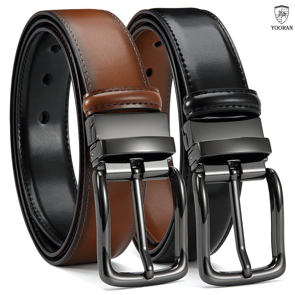 Yooran Men's Double-Sided Leather Belt with Swivel Pin Buckle 138 Inch Dress Belt Two Styles in One Black and Brown Plus Size Friendly Durable Stitching and Metal Construction for Formal and Casual Wear