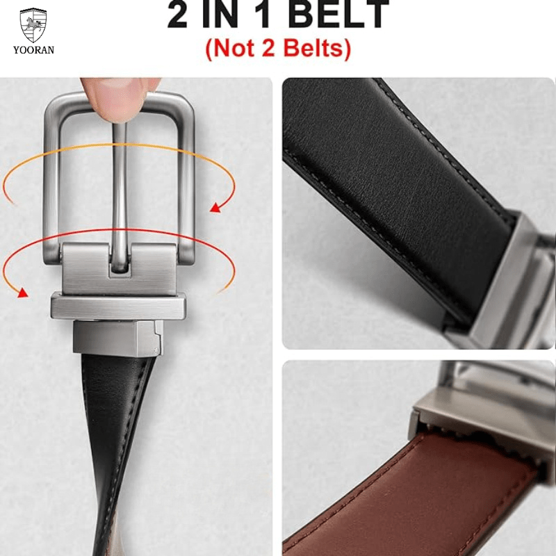 Yooran Men's Double-Sided Leather Belt with Swivel Pin Buckle 138 Inch Dress Belt Two Styles in One Black and Brown Plus Size Friendly Durable Stitching and Metal Construction for Formal and Casual Wear