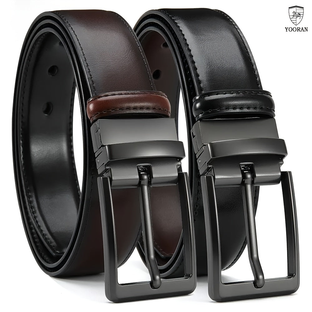 Yooran Men's Double-Sided Leather Belt with Swivel Pin Buckle 138 Inch Dress Belt Two Styles in One Black and Brown Plus Size Friendly Durable Stitching and Metal Construction for Formal and Casual Wear