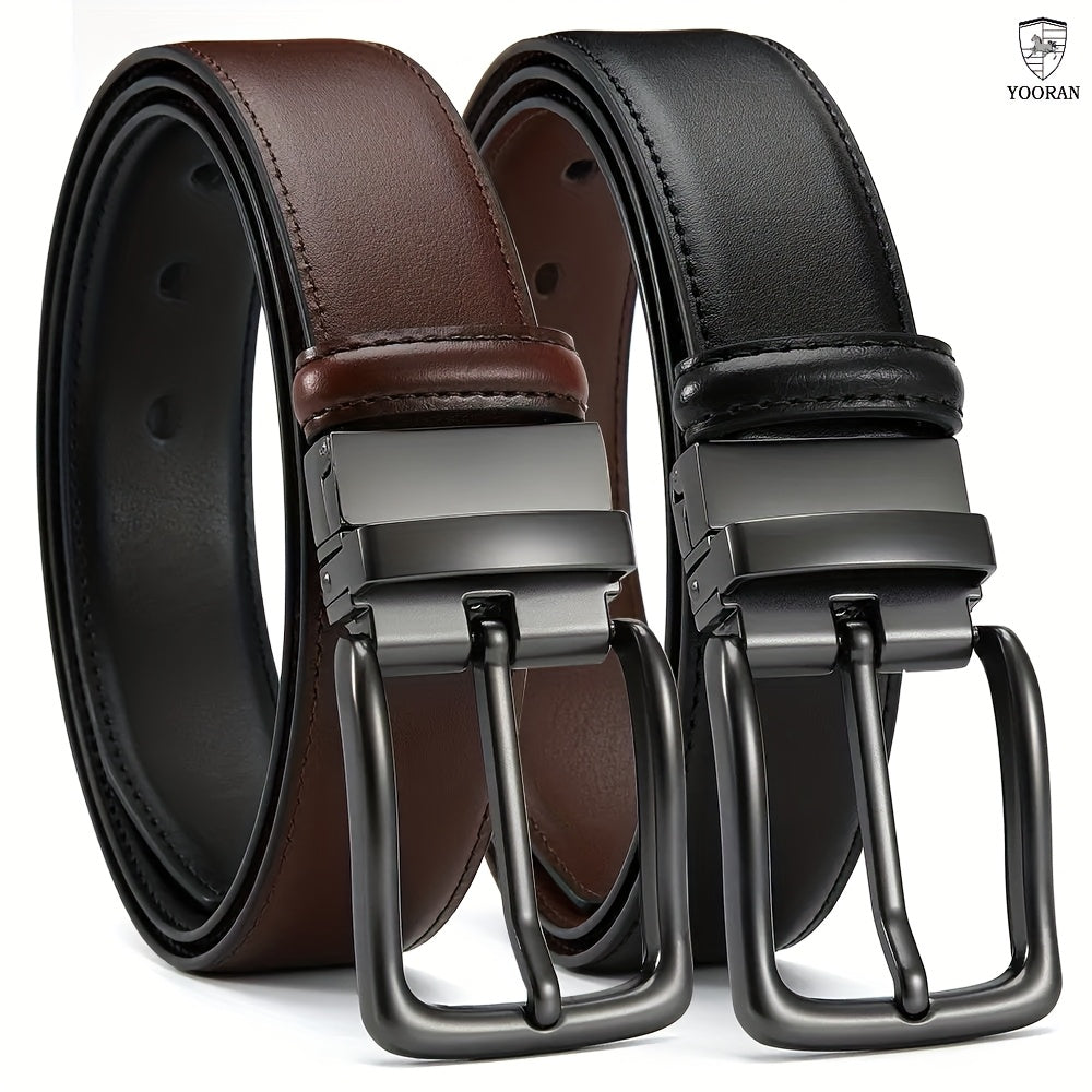 Yooran Men's Double-Sided Leather Belt with Swivel Pin Buckle 138 Inch Dress Belt Two Styles in One Black and Brown Plus Size Friendly Durable Stitching and Metal Construction for Formal and Casual Wear