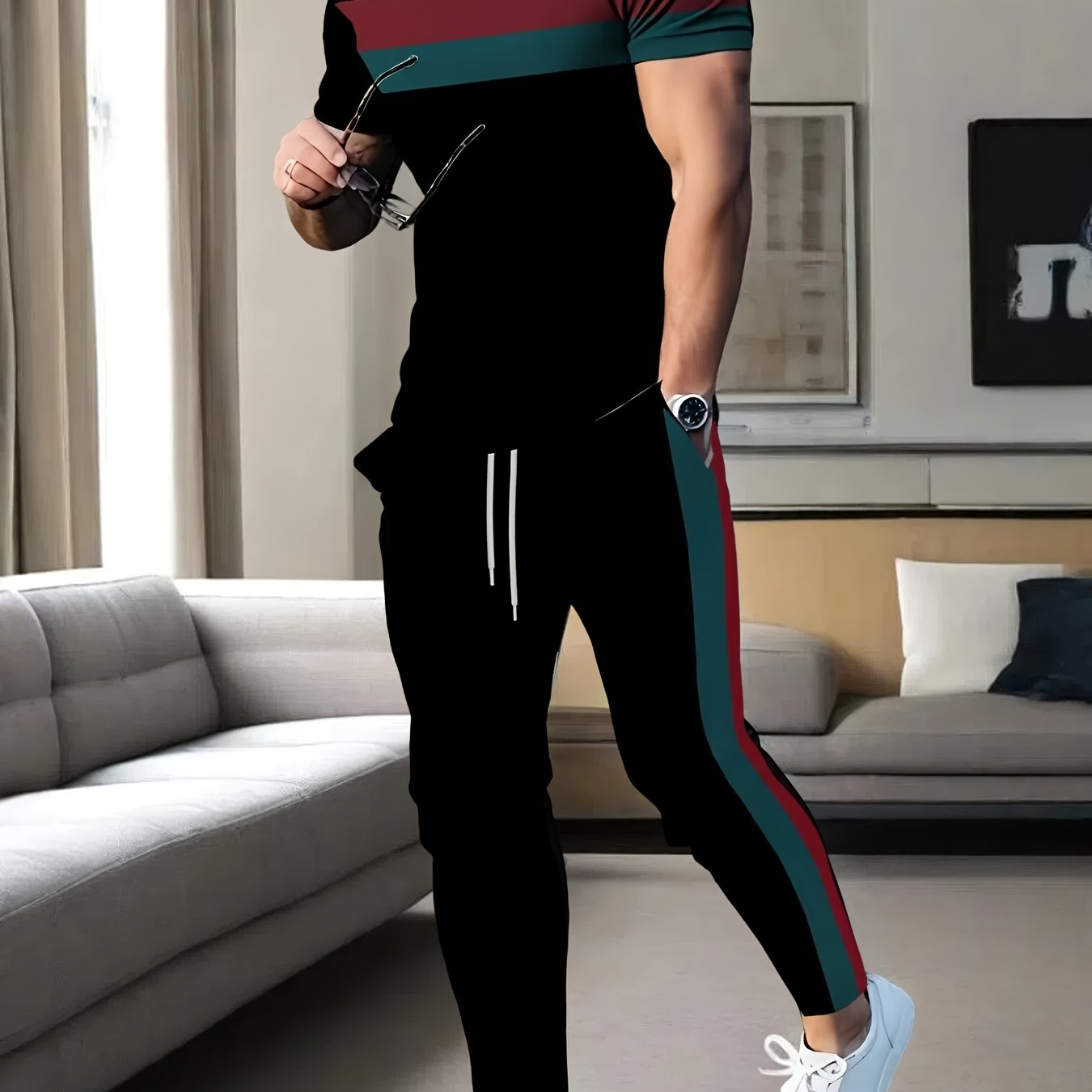 Men'S 3D Printed Casual Sports Short Sleeve And Pants Suit