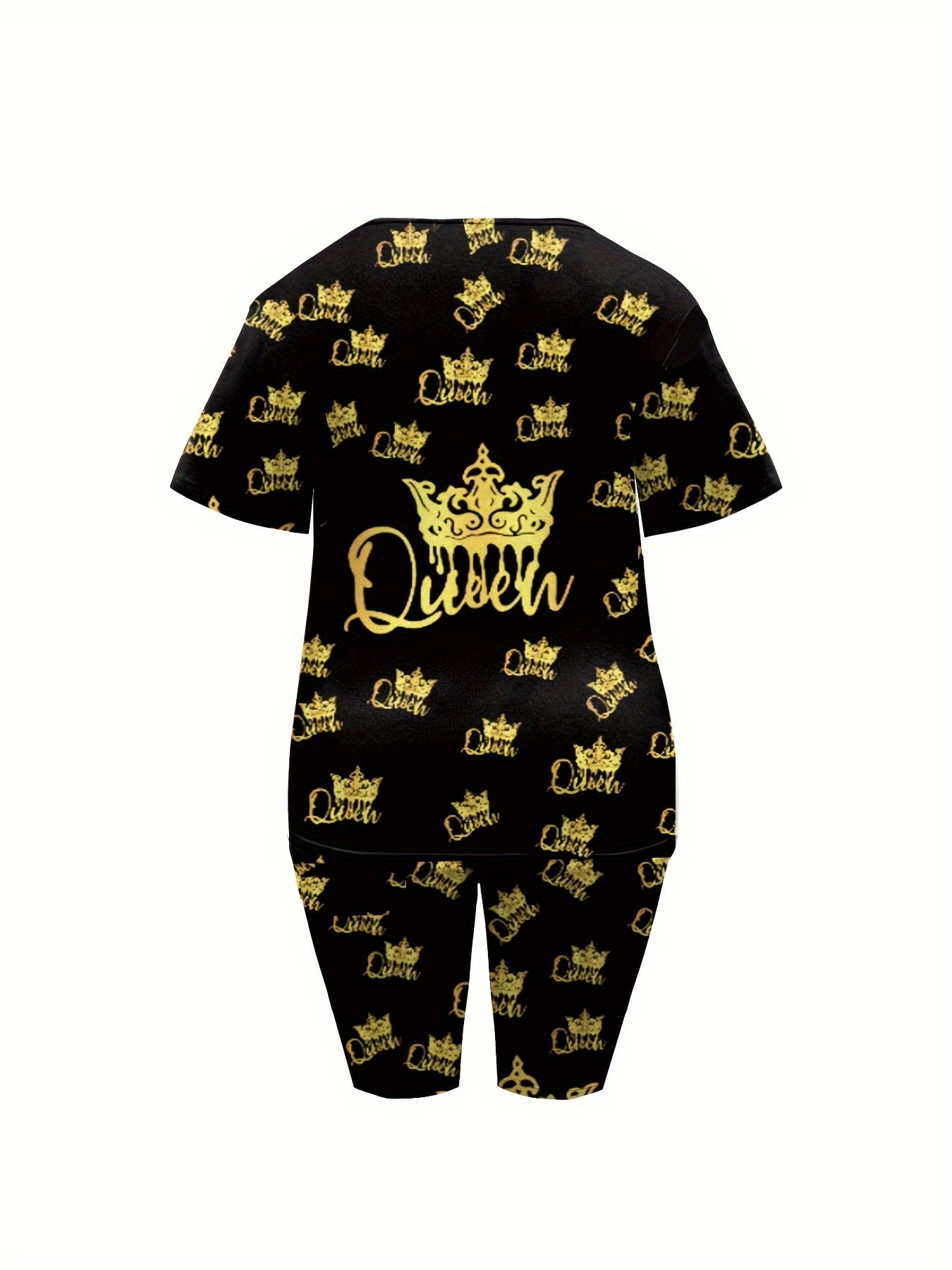 Plus Size Short Sleeve Crew Neck Women's Queen & Crown Print Biker Shorts Set