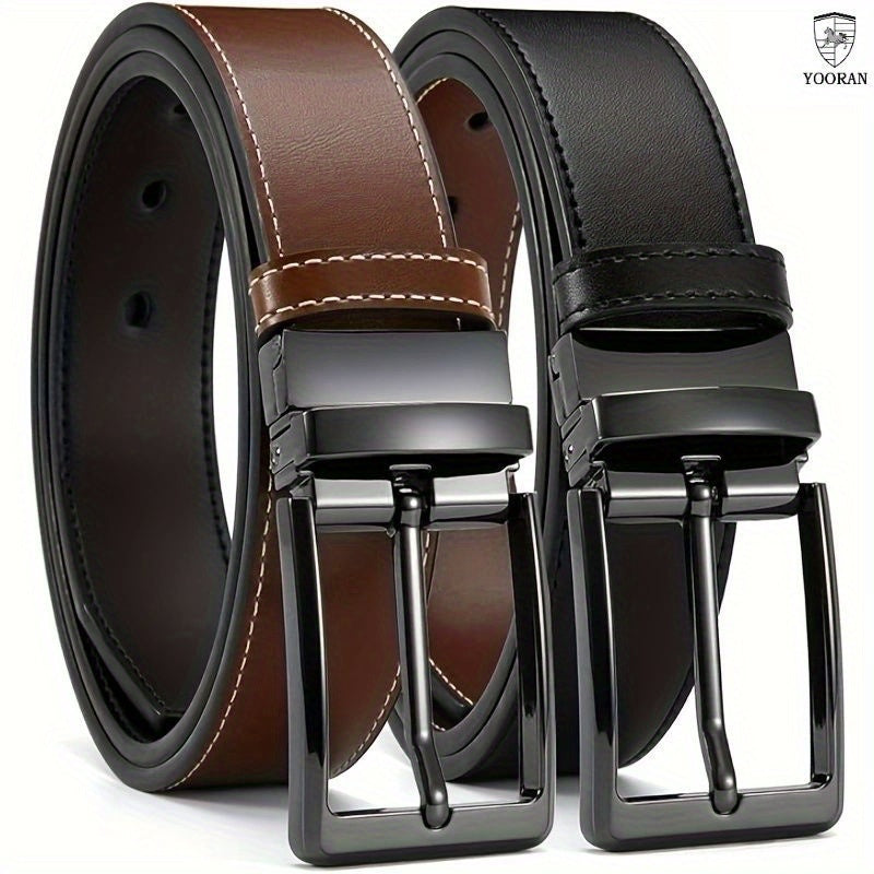 Yooran Men's Double-Sided Leather Belt with Swivel Pin Buckle 138 Inch Dress Belt Two Styles in One Black and Brown Plus Size Friendly Durable Stitching and Metal Construction for Formal and Casual Wear