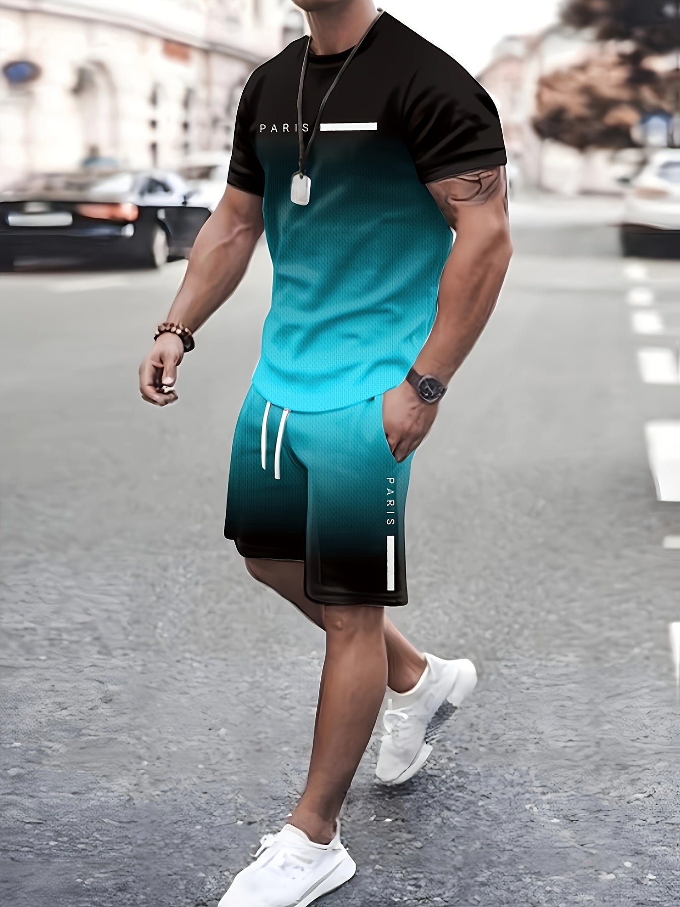 Men's Gradient Lettering Print Paris T-Shirt and Shorts Set