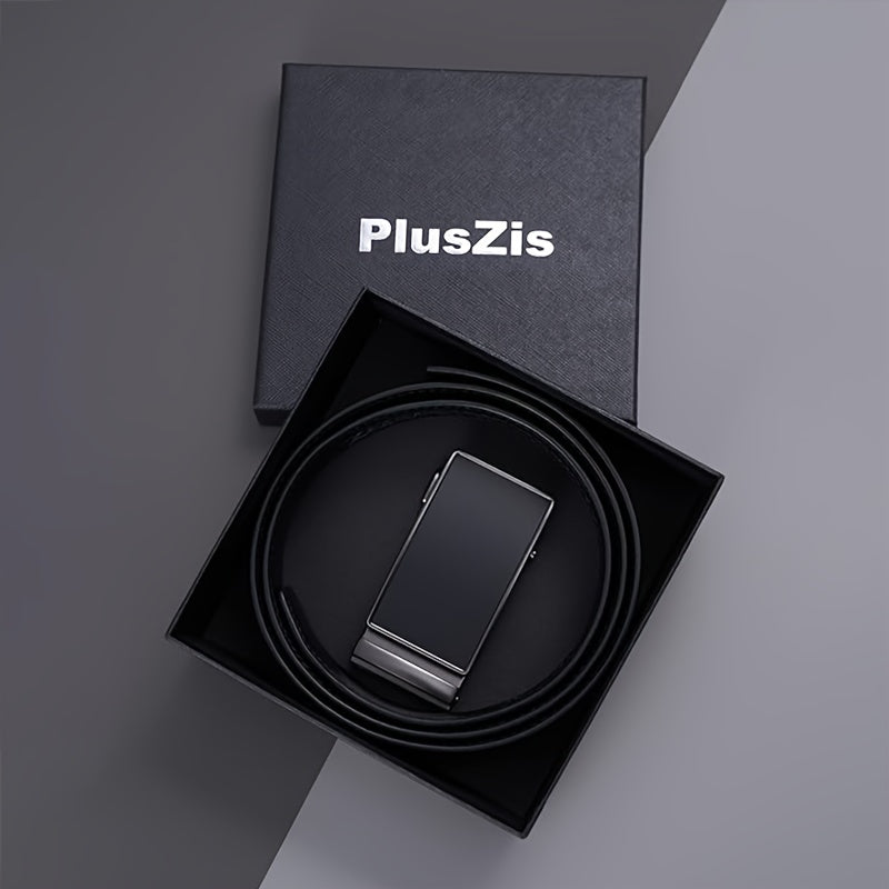 PlusZis Men's Big and Tall Leather Belt 28 to 68 Inches Automatic Ratchet Buckle Black Dress Belt
