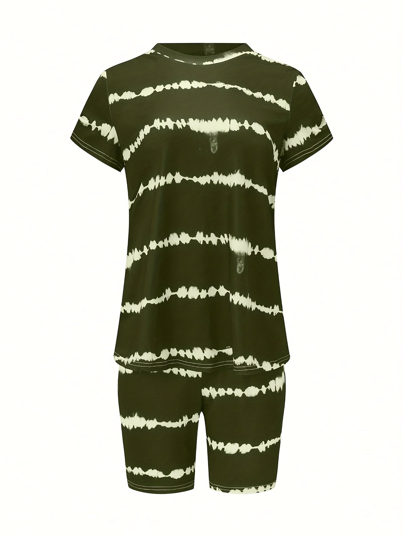 Spring/Summer Striped Crew Neck Top And Shorts Suit