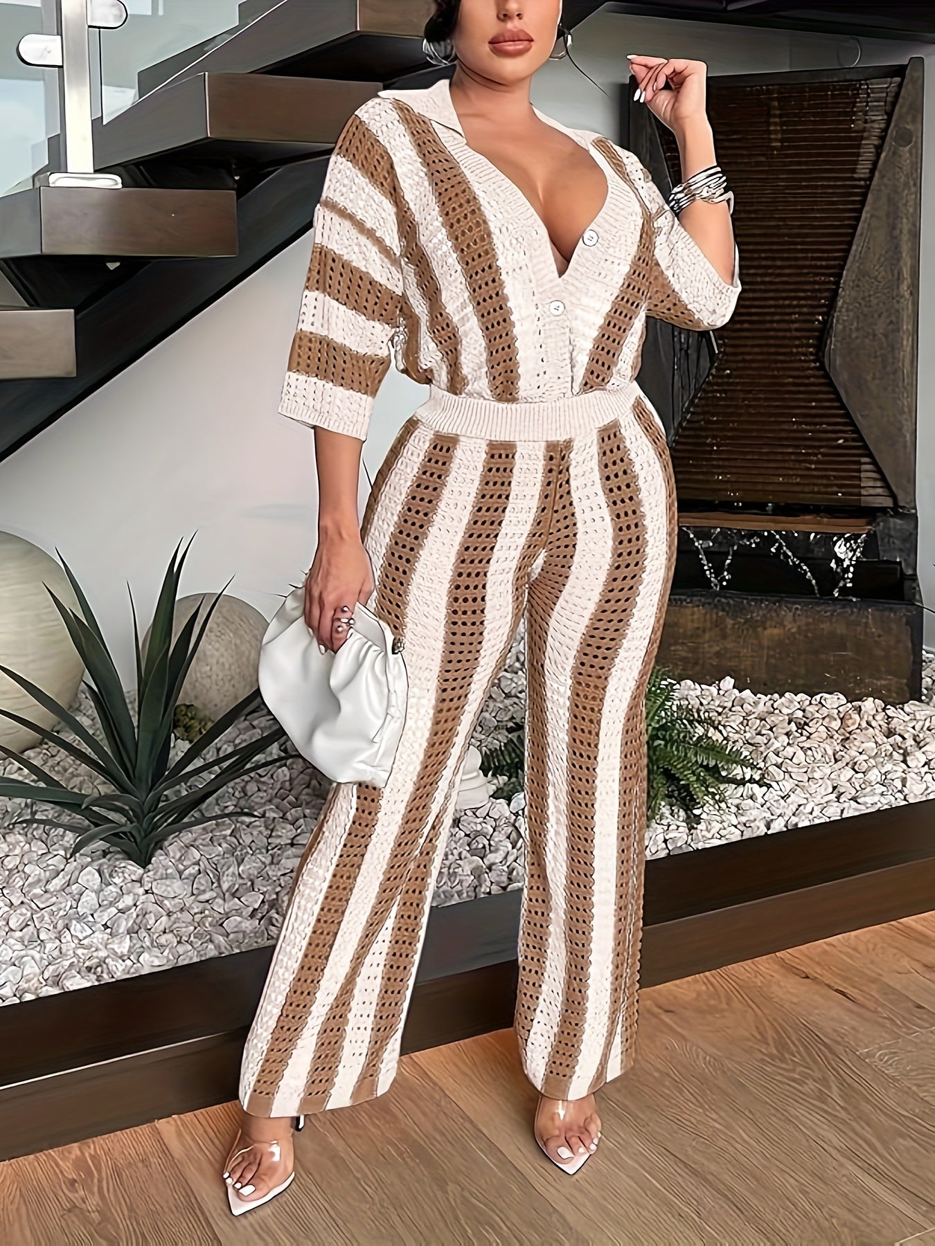 Striped Knit Pantsuit Ensemble - Casual Chic Women's Outfit