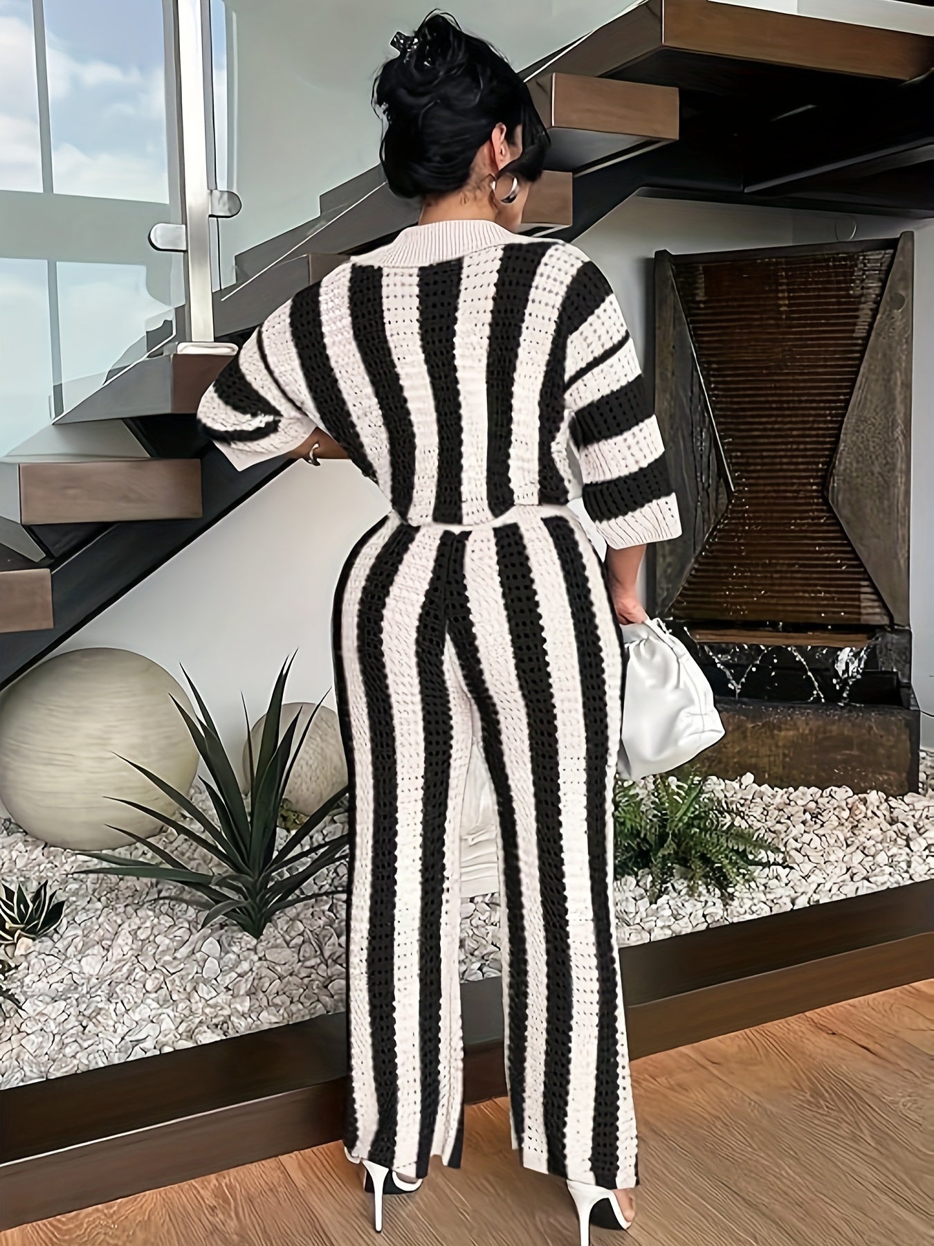 Striped Knit Pantsuit Ensemble - Casual Chic Women's Outfit