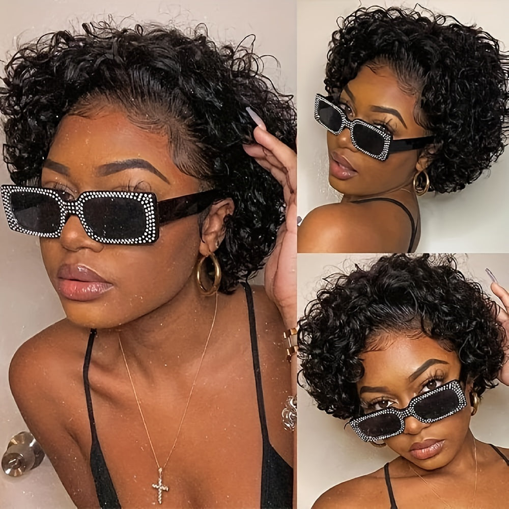 6 Inch Short Curly Lace Wig Pixie Wigs Human Hair 180 Percent Density Pixie Cut Transparent HD Lace Front Wigs Human Hair 13X1 Short Curly Wave Wigs Glueless Pre Plucked Hairline Natural Color