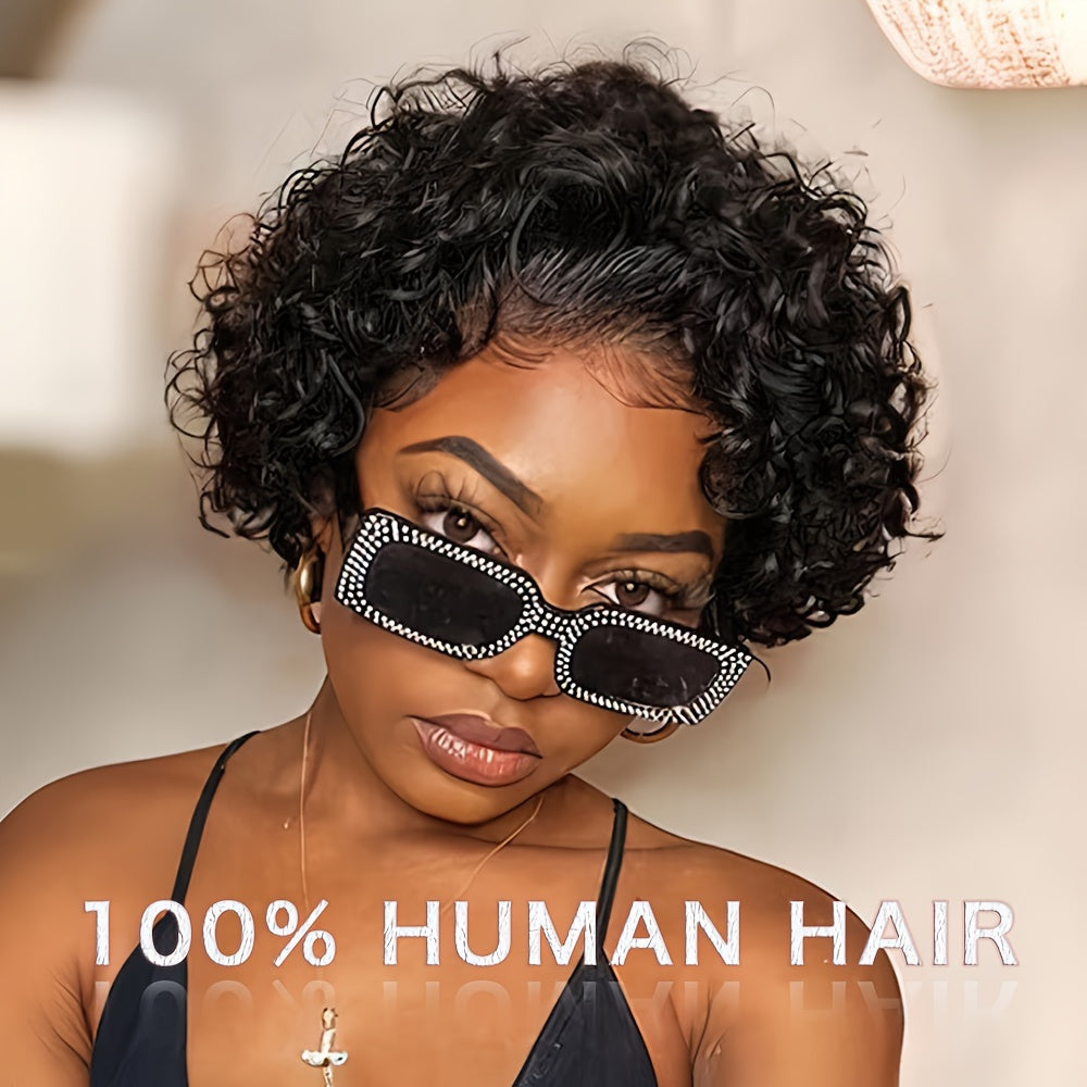 6 Inch Short Curly Lace Wig Pixie Wigs Human Hair 180 Percent Density Pixie Cut Transparent HD Lace Front Wigs Human Hair 13X1 Short Curly Wave Wigs Glueless Pre Plucked Hairline Natural Color