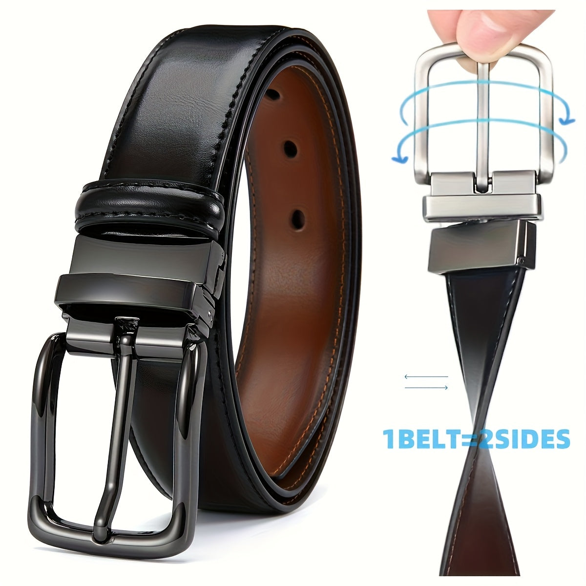 Yooran Men's Double-Sided Leather Belt with Swivel Pin Buckle 138 Inch Dress Belt Two Styles in One Black and Brown Plus Size Friendly Durable Stitching and Metal Construction for Formal and Casual Wear