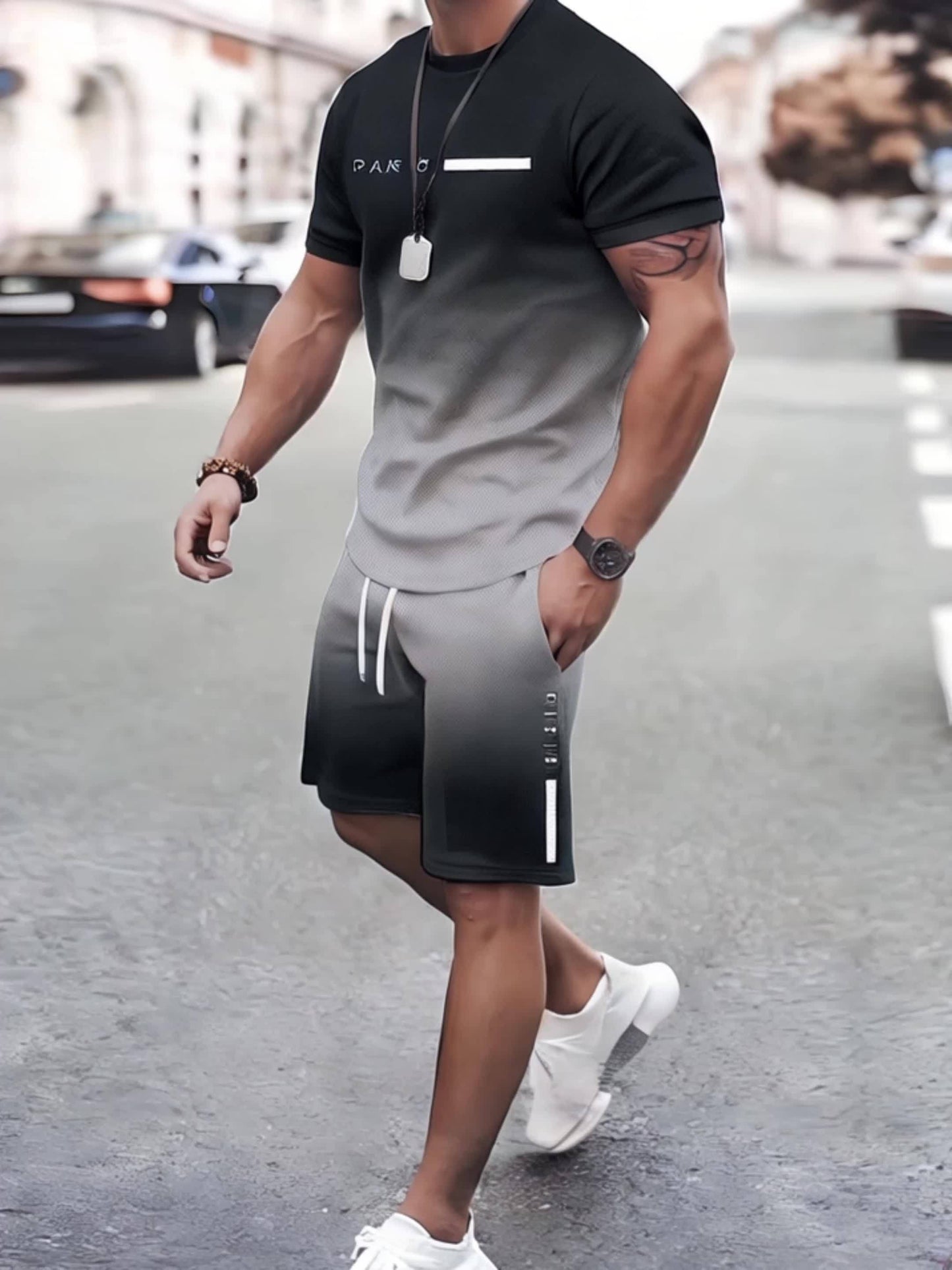 Men's Gradient Lettering Print Paris T-Shirt and Shorts Set