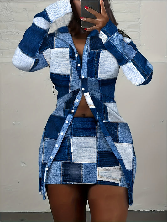 Casual Plaid Print Two-Piece Skirt Set for Women Clothing