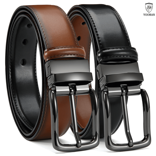 Yooran Men's Double-Sided Leather Belt with Swivel Pin Buckle 138 Inch Dress Belt Two Styles in One Black and Brown Plus Size Friendly Durable Stitching and Metal Construction for Formal and Casual Wear