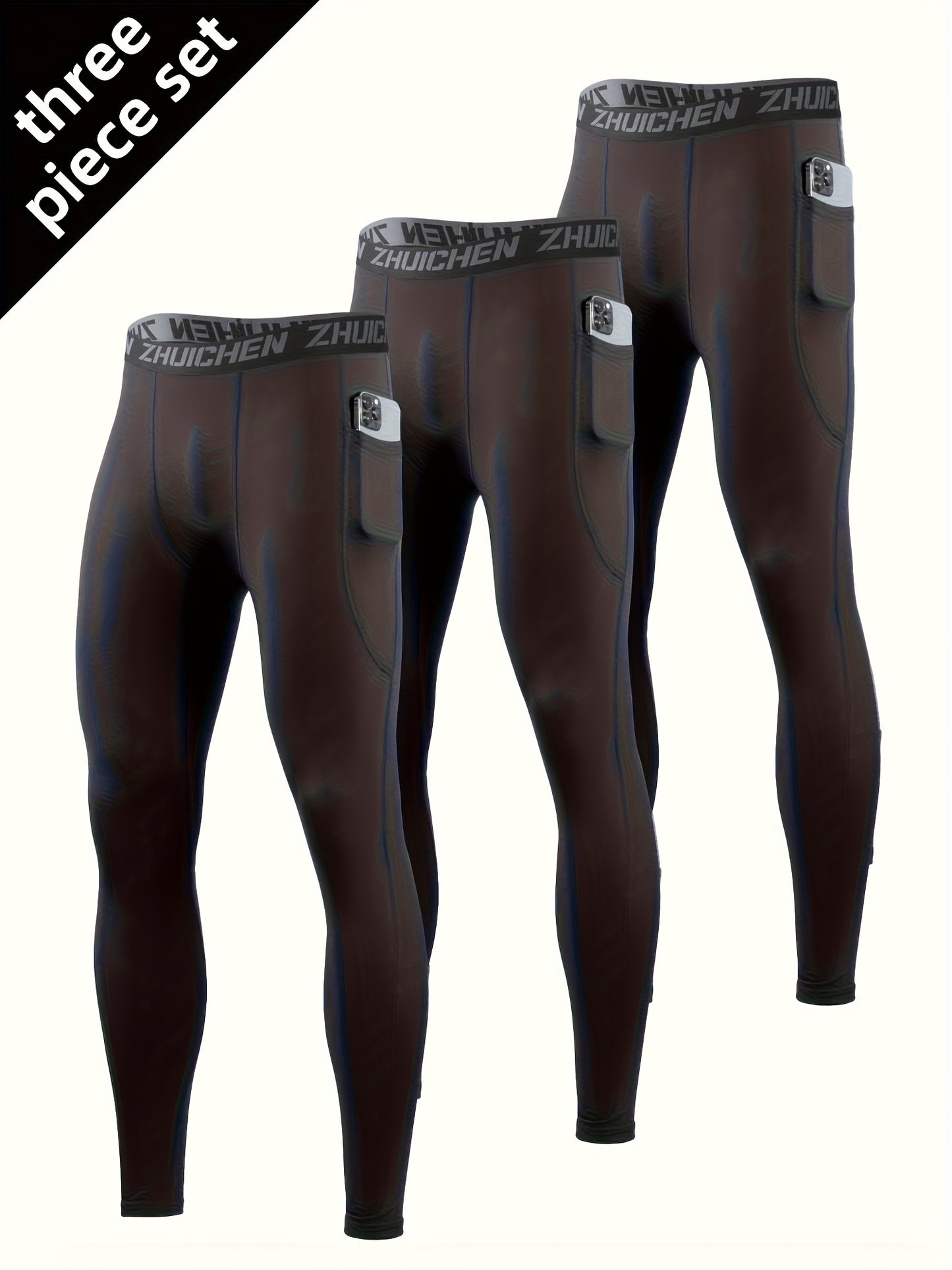 3pcs Men's Compression Leggings With Pockets High Stretch Quick Dry Athletic Tights for Basketball Running and Fitness Training