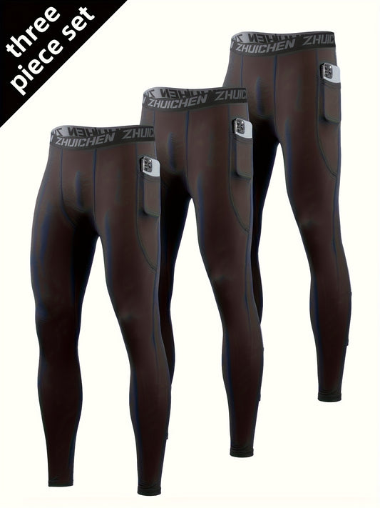 3pcs Men's Compression Leggings With Pockets High Stretch Quick Dry Athletic Tights for Basketball Running and Fitness Training