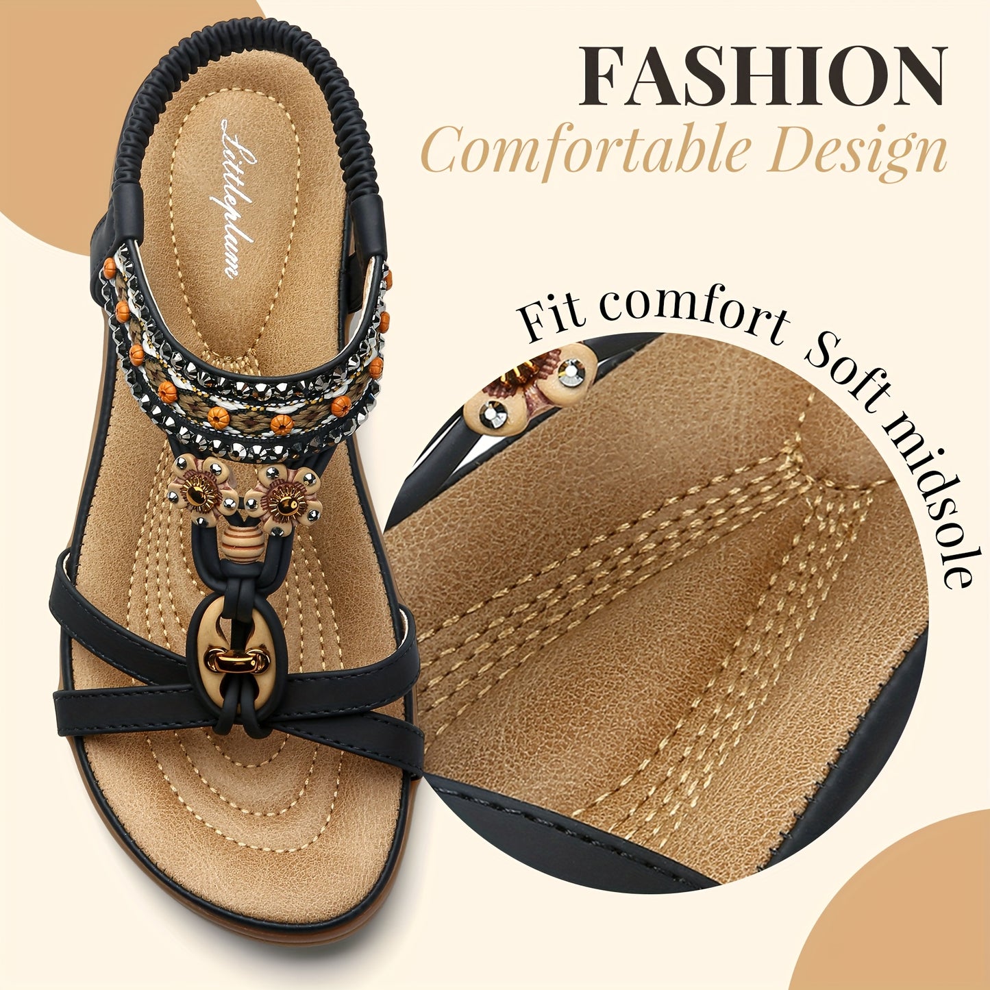 Elegant Women's Flat Sandals with Arch Support Bohemian Summer Beach Shoes Open Toe Ankle Strap Black PU Cover Rubber Sole Casual Wear Decorative Strap Ladies