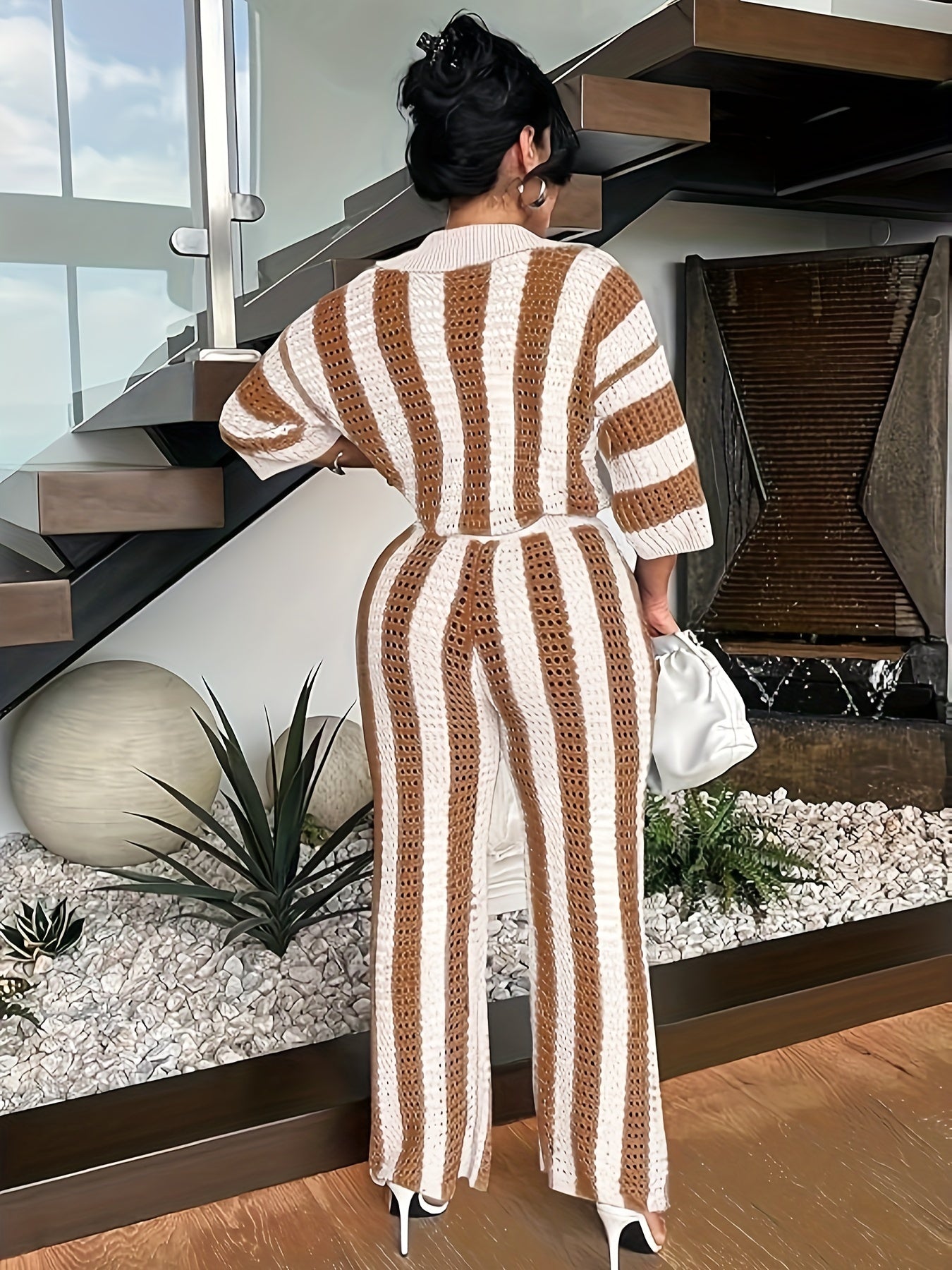 Striped Knit Pantsuit Ensemble - Casual Chic Women's Outfit