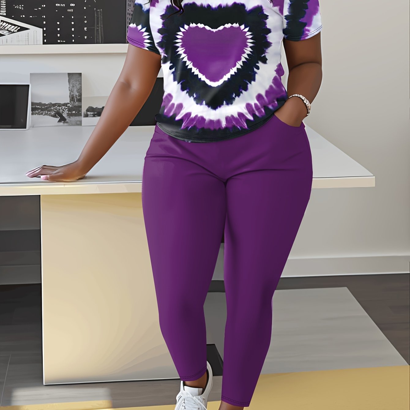 Comfy Polyester Women's Casual Heart Print Outfit Set