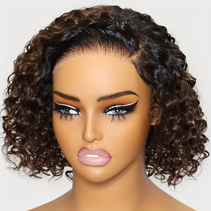 KLAIYI Ombre Brown Curly Bob Wig Glueless Human Hair Pre Plucked 7x5 Lace Front Easy Put On Dark Roots Side Part Balayage 12 Inch 150 Density Beginner Friendly Natural Look