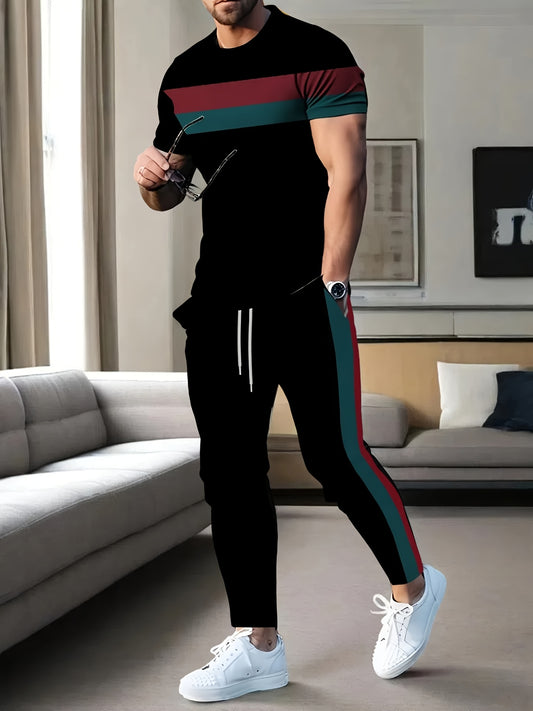 Men'S 3D Printed Casual Sports Short Sleeve And Pants Suit