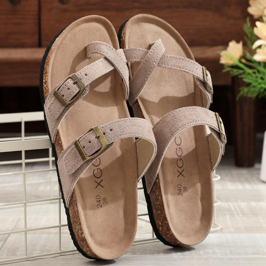 Women Cork Sandals with Adjustable Straps Comfortable Arch Support Non Slip EVA Sole Slip On Open Toe Flat Heel Solid Color Microfiber Insole for Summer Fashion