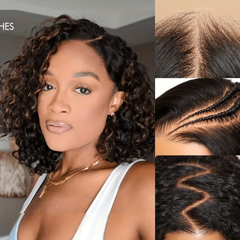 KLAIYI Ombre Brown Curly Bob Wig Glueless Human Hair Pre Plucked 7x5 Lace Front Easy Put On Dark Roots Side Part Balayage 12 Inch 150 Density Beginner Friendly Natural Look