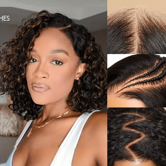 KLAIYI Ombre Brown Curly Bob Wig Glueless Human Hair Pre Plucked 7x5 Lace Front Easy Put On Dark Roots Side Part Balayage 12 Inch 150 Density Beginner Friendly Natural Look