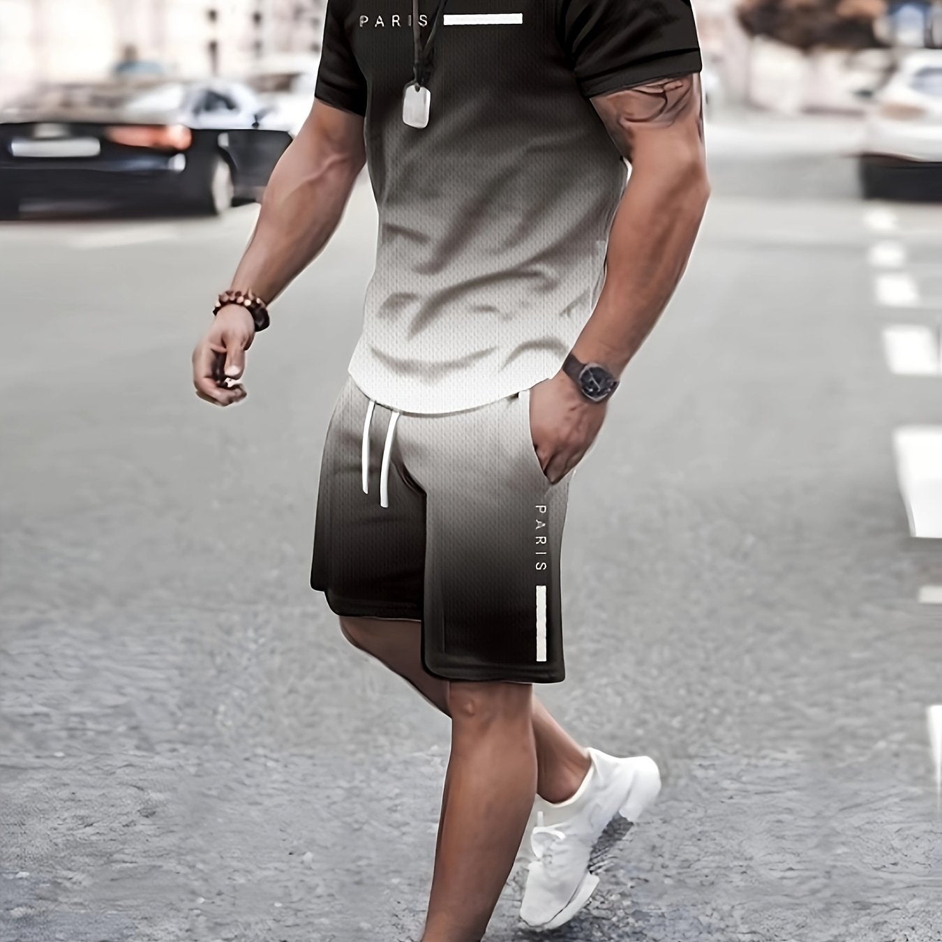 Men's Gradient Lettering Print Paris T-Shirt and Shorts Set