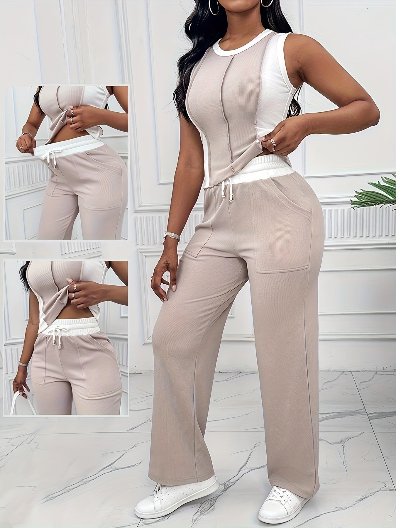 Colorblock Loungewear 2pcs Set Tank Top And Pants Outfit