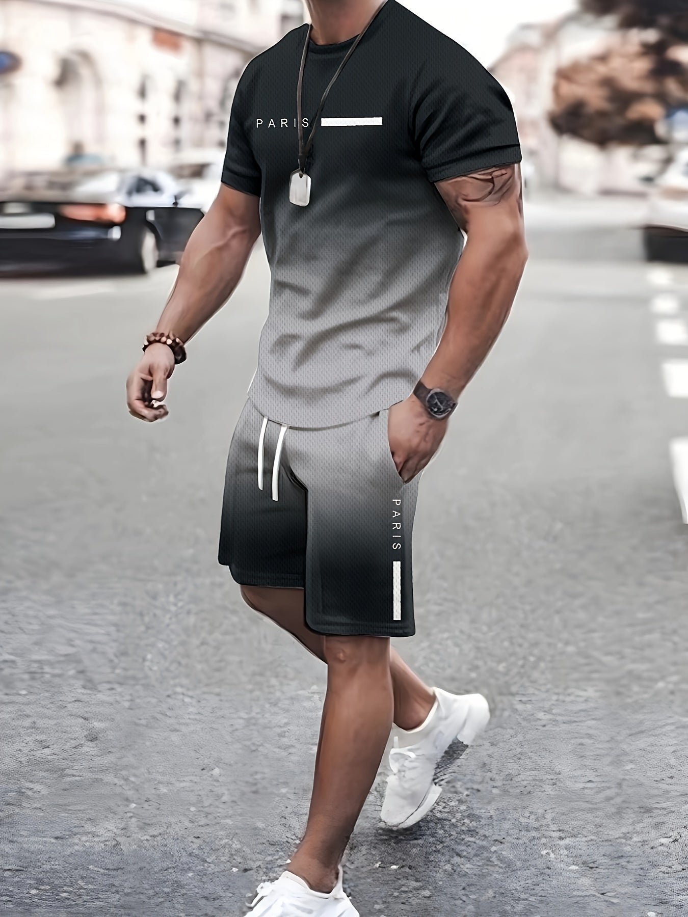 Men's Gradient Lettering Print Paris T-Shirt and Shorts Set