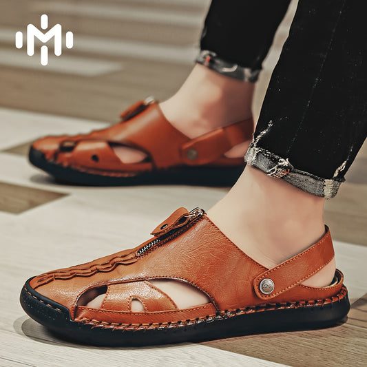 Men'S Solid Color Breathable Sandals, Men'S Lightweight Anti-Slip Fashionable Sandals - Ultra-Fiber Synthetic Upper, Hand-Sewn Sandals, Beach & Water Activities Quick-Dry Comfort, Men'S Stitch Beach Shoes For Summer