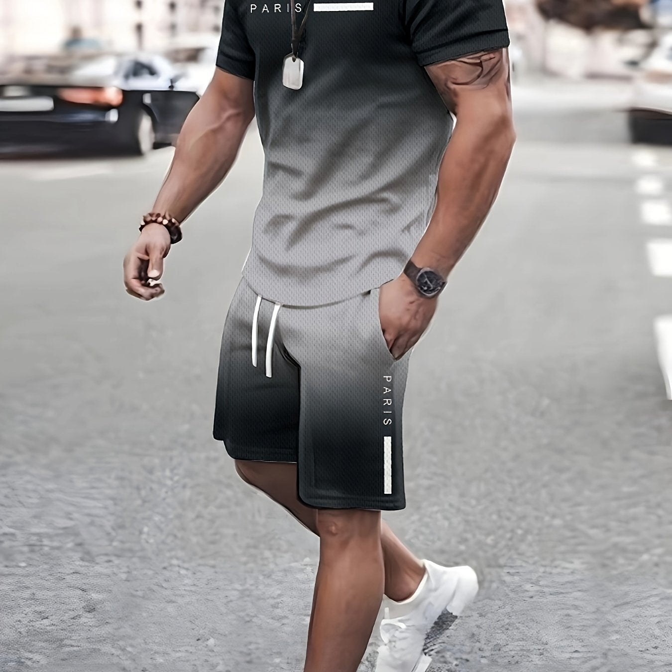 Men's Gradient Lettering Print Paris T-Shirt and Shorts Set