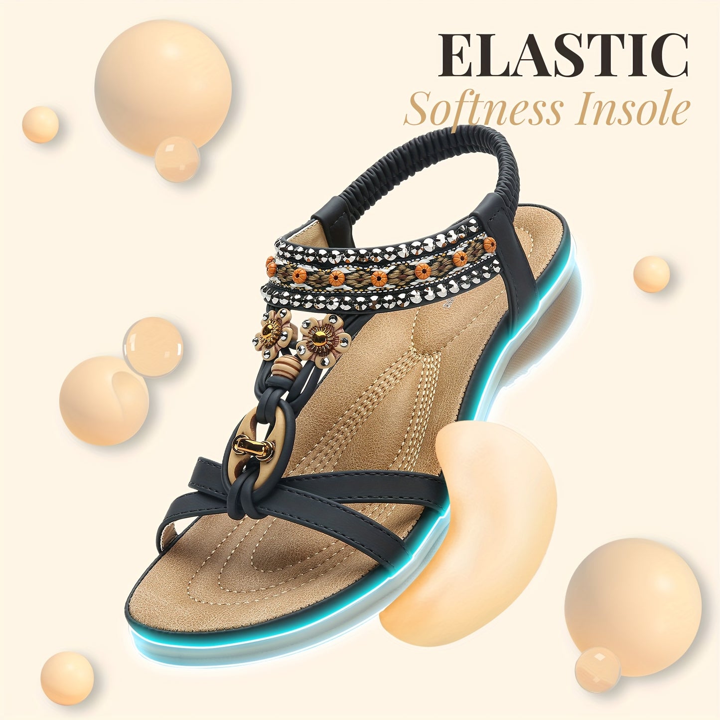 Elegant Women's Flat Sandals with Arch Support Bohemian Summer Beach Shoes Open Toe Ankle Strap Black PU Cover Rubber Sole Casual Wear Decorative Strap Ladies