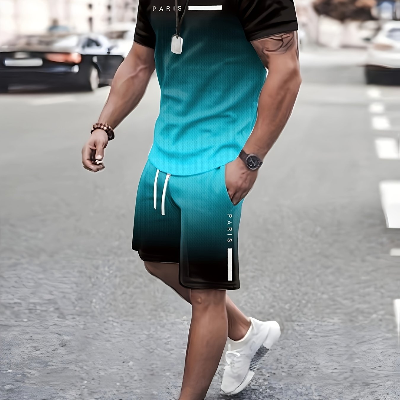 Men's Gradient Lettering Print Paris T-Shirt and Shorts Set