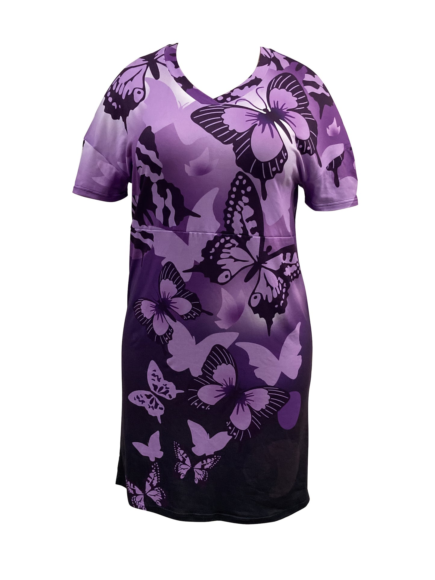 Waist Shape Design V-neck Dress with Changing Color Butterfly Print