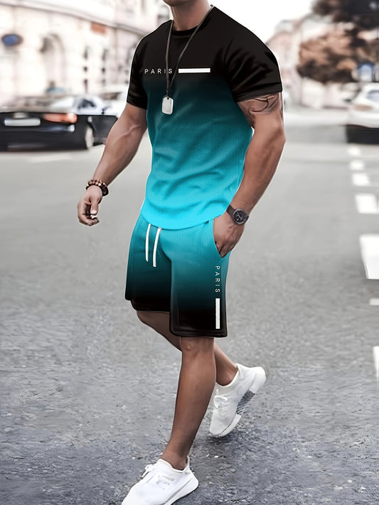 Men's Gradient Lettering Print Paris T-Shirt and Shorts Set