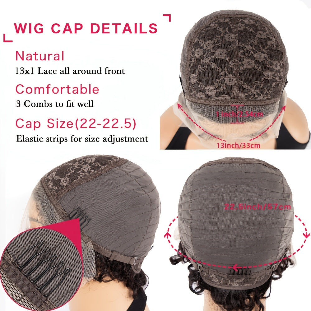 6 Inch Short Curly Lace Wig Pixie Wigs Human Hair 180 Percent Density Pixie Cut Transparent HD Lace Front Wigs Human Hair 13X1 Short Curly Wave Wigs Glueless Pre Plucked Hairline Natural Color