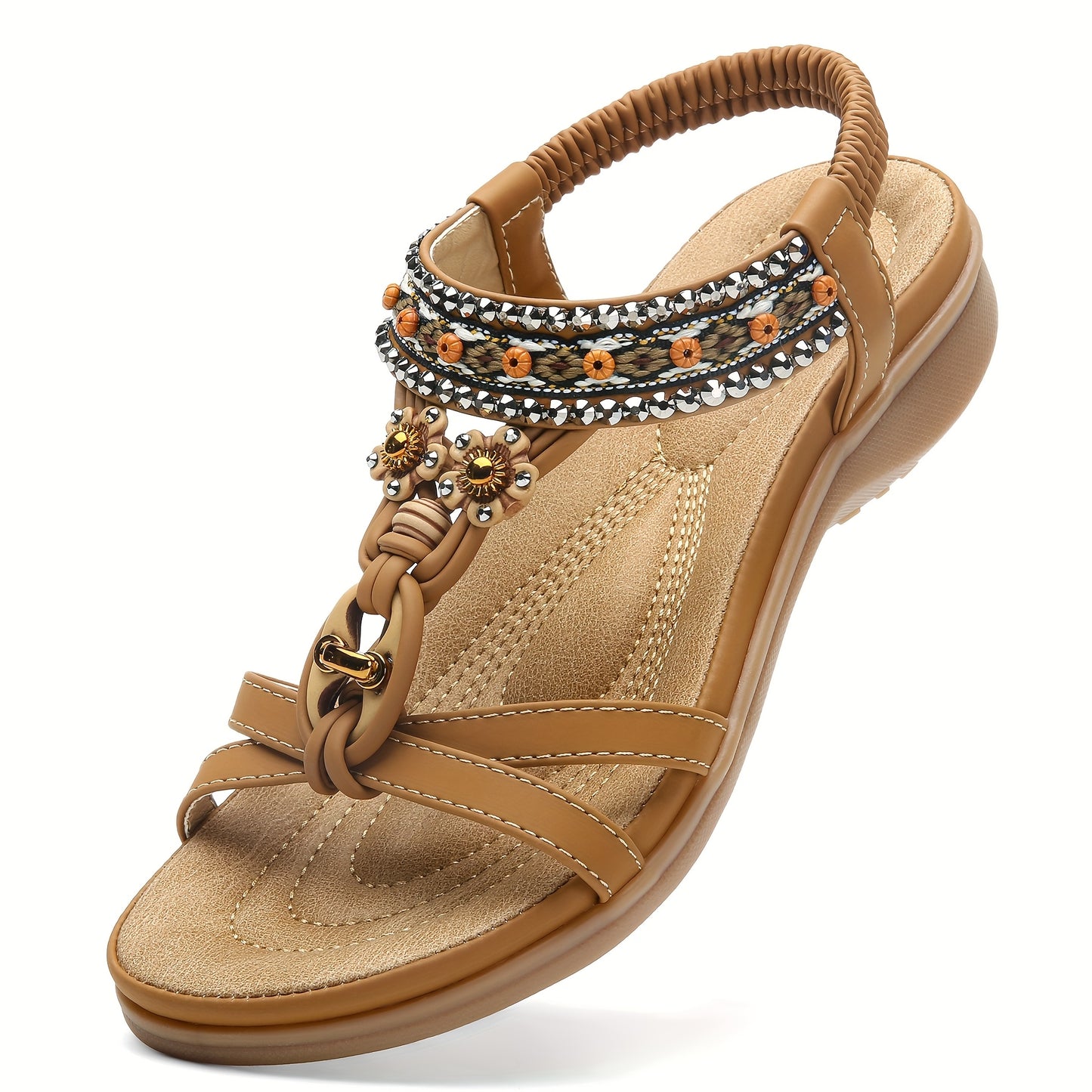 Elegant Women's Flat Sandals with Arch Support Bohemian Summer Beach Shoes Open Toe Ankle Strap Black PU Cover Rubber Sole Casual Wear Decorative Strap Ladies
