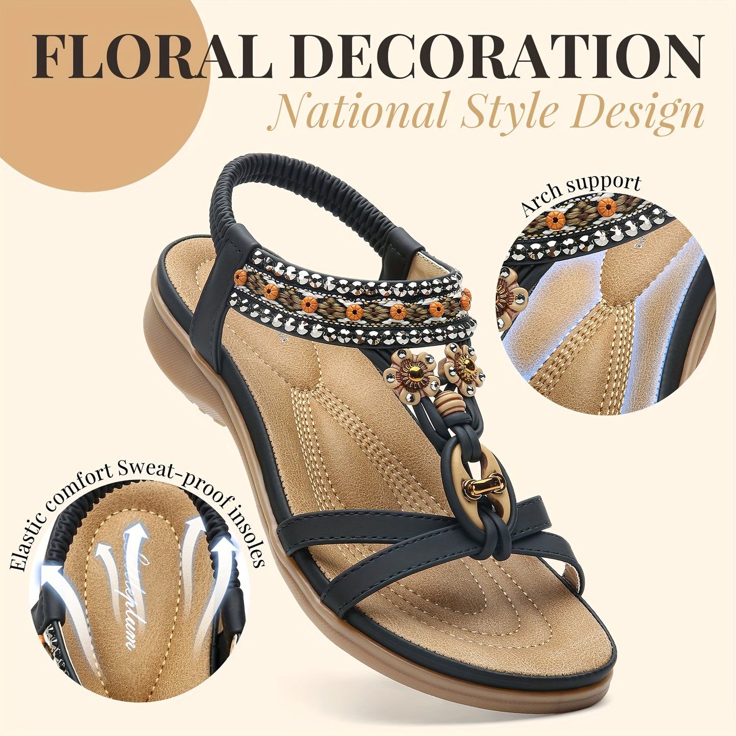 Elegant Women's Flat Sandals with Arch Support Bohemian Summer Beach Shoes Open Toe Ankle Strap Black PU Cover Rubber Sole Casual Wear Decorative Strap Ladies