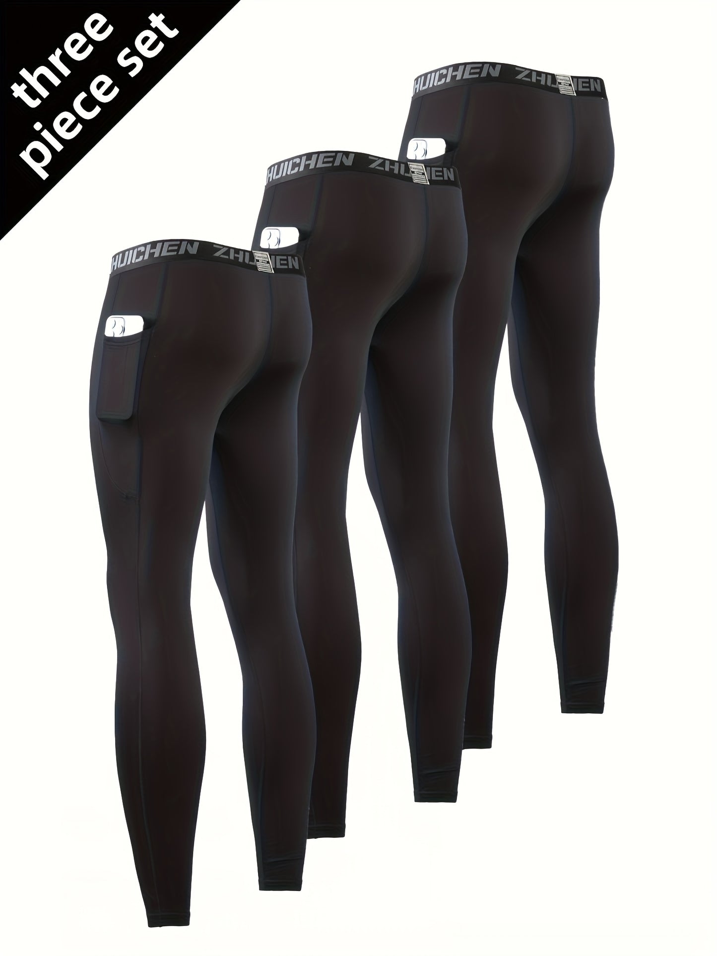 3pcs Men's Compression Leggings With Pockets High Stretch Quick Dry Athletic Tights for Basketball Running and Fitness Training