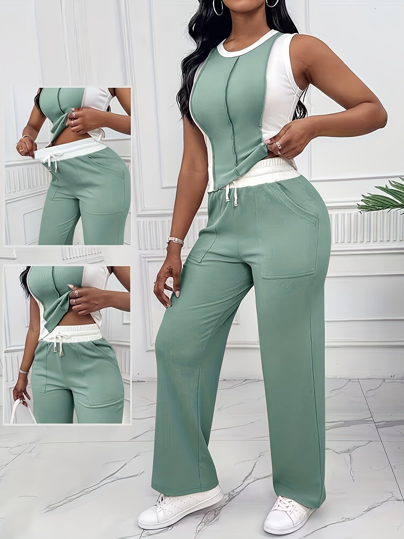 Colorblock Loungewear 2pcs Set Tank Top And Pants Outfit