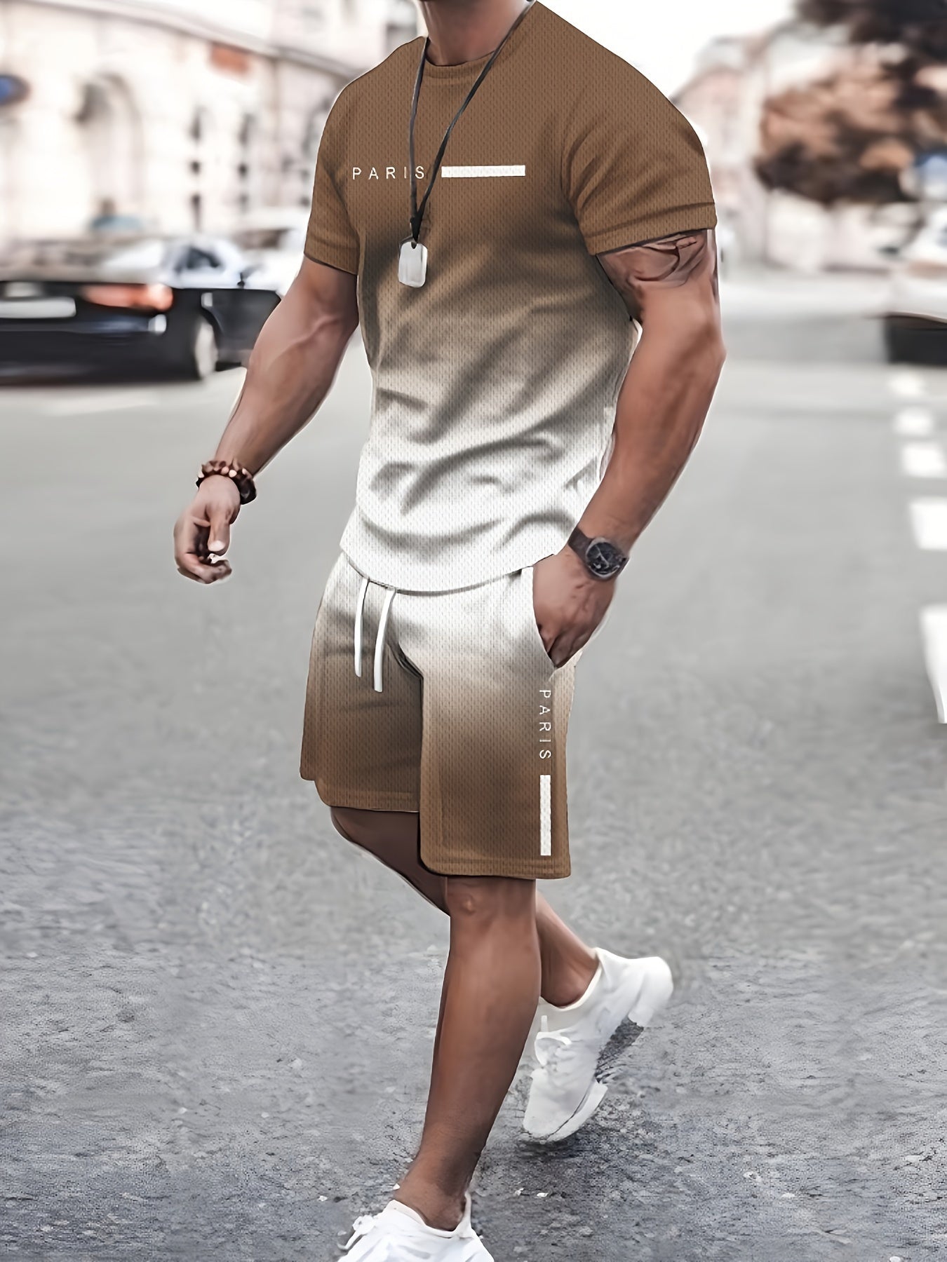 Men's Gradient Lettering Print Paris T-Shirt and Shorts Set