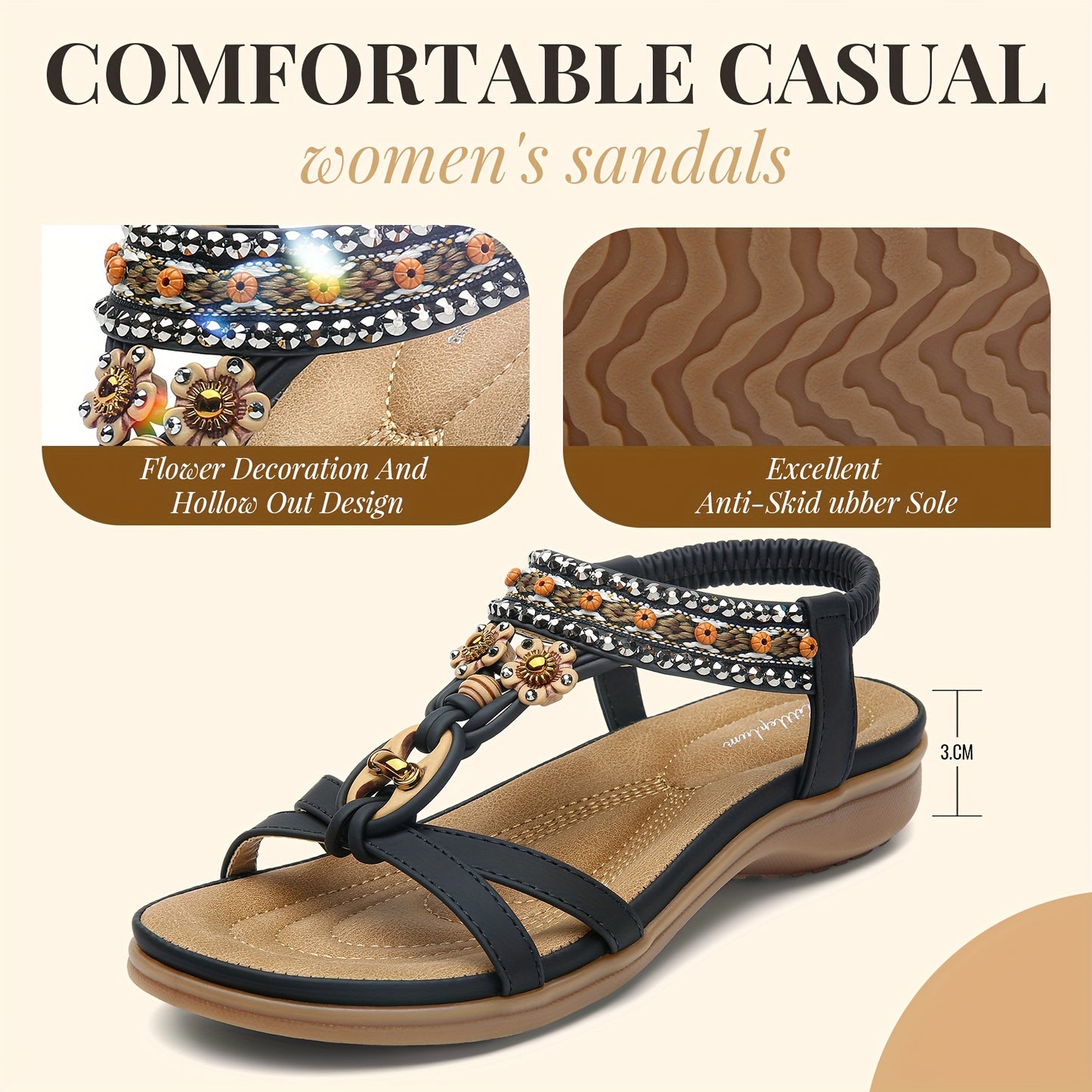 Elegant Women's Flat Sandals with Arch Support Bohemian Summer Beach Shoes Open Toe Ankle Strap Black PU Cover Rubber Sole Casual Wear Decorative Strap Ladies